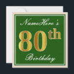 Elegant, groen, Faux Gold 80th Birthday   naam Kaart<br><div class="desc">Dit eenvoudige en elegante uitnodigingsontwerp voor verjaardagsfeestjes heeft een gepersonaliseerde boodschap zoals "NameHere’s 80th Birthday" (met de "80th" met een faux/imitatie goudachtige kleurlook) binnen een groen gekleurd vierkant met een eenvoudige omtrek van de rand. De naam is in een elegante wit-gekleurde script-achtige tekst, en kan worden gepersonaliseerd. De achterkant bevat...</div>