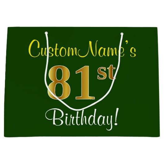 Elegant, groen, Faux Gold 81st Birthday + naam Groot Cadeauzakje (Voorkant)