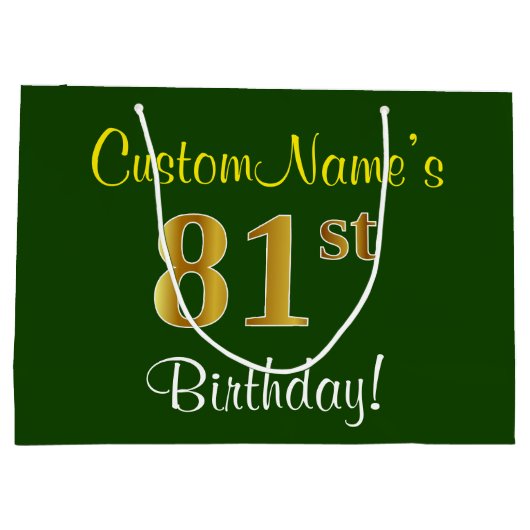 Elegant, groen, Faux Gold 81st Birthday + naam Groot Cadeauzakje (Achterkant)