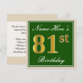 Elegant, groen, Faux Gold 81st Birthday + naam Kaart (Voorkant / Achterkant)