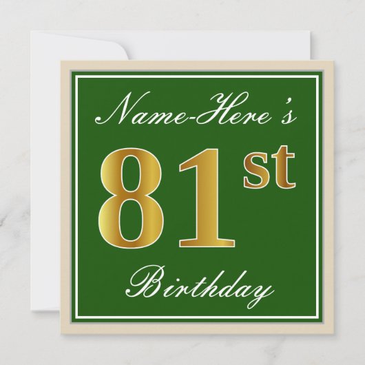 Elegant, groen, Faux Gold 81st Birthday + naam Kaart (Voorkant)