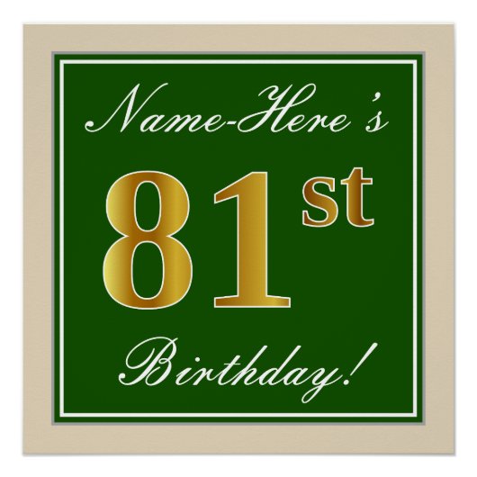 Elegant, groen, Faux Gold 81st Birthday + naam Poster (Voorkant)