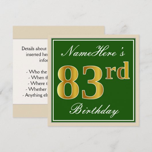 Elegant, groen, Faux Gold 83rd Birthday + naam Kaart (Voorkant / Achterkant)