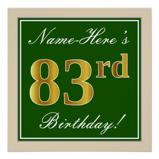 Elegant, groen, Faux Gold 83rd Birthday + naam Perfect Poster (Voorkant)