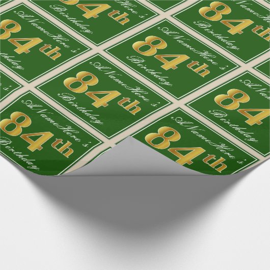 Elegant, groen, Faux Gold 84th Birthday + naam Cadeaupapier (Hoek)