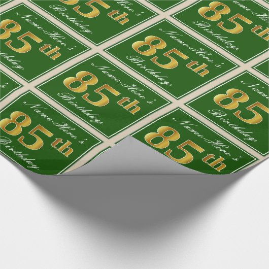 Elegant, groen, Faux Gold 85th Birthday + naam Cadeaupapier (Hoek)