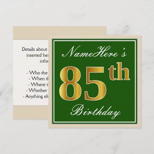 Elegant, groen, Faux Gold 85th Birthday + naam Kaart (Voorkant / Achterkant)