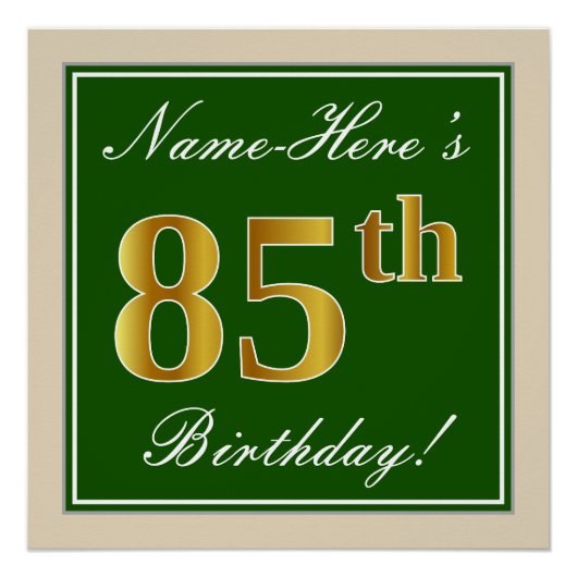 Elegant, groen, Faux Gold 85th Birthday + naam Perfect Poster (Voorkant)