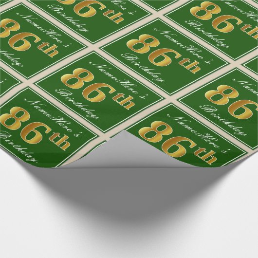 Elegant, groen, Faux Gold 86th Birthday + naam Cadeaupapier (Hoek)