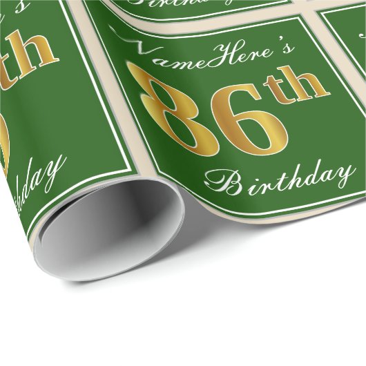Elegant, groen, Faux Gold 86th Birthday + naam Cadeaupapier (Rol Hoek)