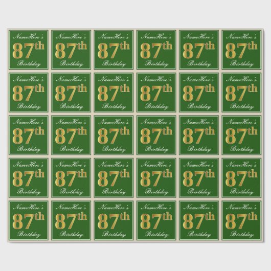 Elegant, groen, Faux Gold 87th Birthday + naam Cadeaupapier (Vlak)