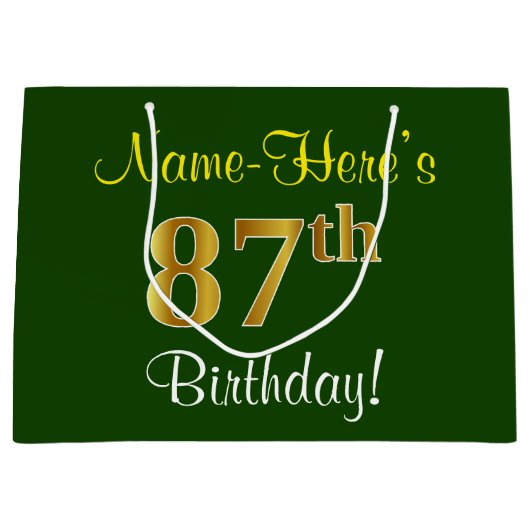 Elegant, groen, Faux Gold 87th Birthday + naam Groot Cadeauzakje (Voorkant)