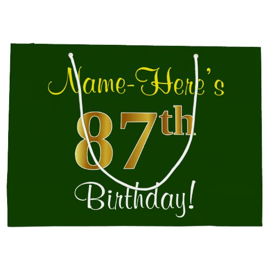 Elegant, groen, Faux Gold 87th Birthday + naam Groot Cadeauzakje (Achterkant)