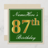 Elegant, groen, Faux Gold 87th Birthday + naam Kaart (Voorkant / Achterkant)