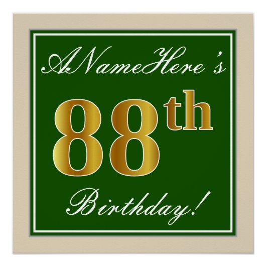Elegant, groen, Faux Gold 88th Birthday + naam Perfect Poster (Voorkant)