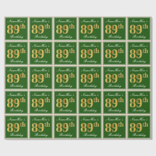 Elegant, groen, Faux Gold 89th Birthday + naam Cadeaupapier (Vlak)