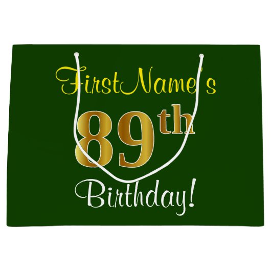 Elegant, groen, Faux Gold 89th Birthday + naam Groot Cadeauzakje (Voorkant)