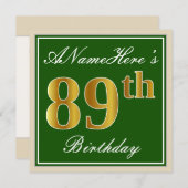 Elegant, groen, Faux Gold 89th Birthday + naam Kaart (Voorkant / Achterkant)