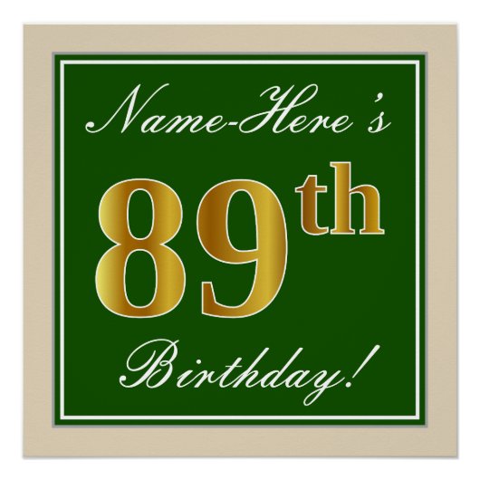 Elegant, groen, Faux Gold 89th Birthday + naam Poster (Voorkant)
