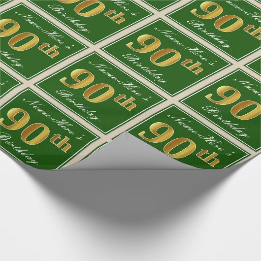 Elegant, groen, Faux Gold 90th Birthday + naam Cadeaupapier (Hoek)