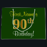 Elegant, groen, Faux Gold 90th Birthday   naam Groot Cadeauzakje<br><div class="desc">Dit eenvoudige, elegante verjaardagsgeschenktasontwerp heeft een gepersonaliseerde boodschap zoals "FirstName’s 90th Birthday!" (met de "90th" met een faux/imitatie goud-achtige kleurlook) op een groen gekleurde achtergrond. De naam is in tekst die lijkt op een script, geel gekleurd is en kan worden aangepast. Een gepersonaliseerde verjaardagscadeauzak als deze kan misschien gebruikt worden...</div>