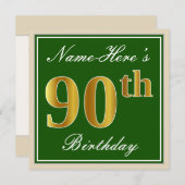 Elegant, groen, Faux Gold 90th Birthday + naam Kaart (Voorkant / Achterkant)