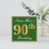 Elegant, groen, Faux Gold 90th Birthday + naam Kaart (Staand voorkant)