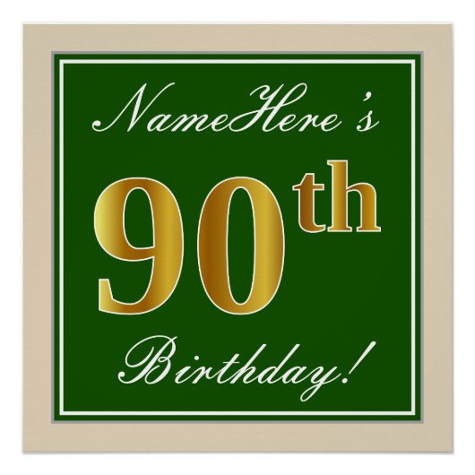Elegant, groen, Faux Gold 90th Birthday + naam Poster (Voorkant)