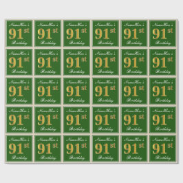 Elegant, groen, Faux Gold 91st Birthday + naam Cadeaupapier