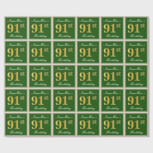 Elegant, groen, Faux Gold 91st Birthday + naam Cadeaupapier (Vlak)