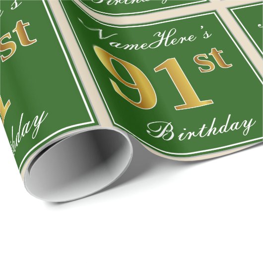 Elegant, groen, Faux Gold 91st Birthday + naam Cadeaupapier (Rol Hoek)