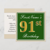 Elegant, groen, Faux Gold 91st Birthday + naam Kaart (Voorkant / Achterkant)