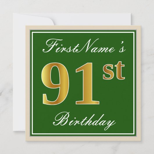 Elegant, groen, Faux Gold 91st Birthday + naam Kaart (Voorkant)