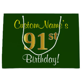 Elegant, groen, Faux Gold 91st Birthday + naam Large Cadeautasje