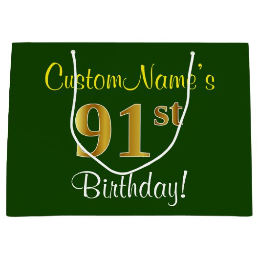 Elegant, groen, Faux Gold 91st Birthday + naam Large Cadeautasje (Voorkant)
