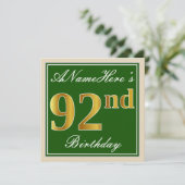 Elegant, groen, Faux Gold 92e verjaardag + naam Kaart (Staand voorkant)