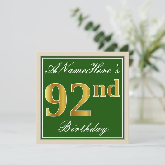 Elegant, groen, Faux Gold 92e verjaardag + naam Kaart (Staand voorkant)