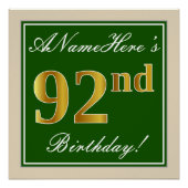Elegant, groen, Faux Gold 92e verjaardag + naam Perfect Poster (Voorkant)