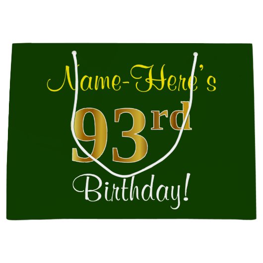 Elegant, groen, Faux Gold 93rd Birthday + naam Groot Cadeauzakje (Voorkant)