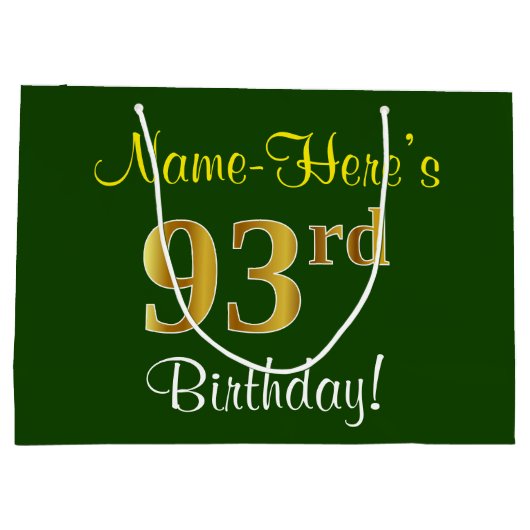 Elegant, groen, Faux Gold 93rd Birthday + naam Groot Cadeauzakje (Achterkant)