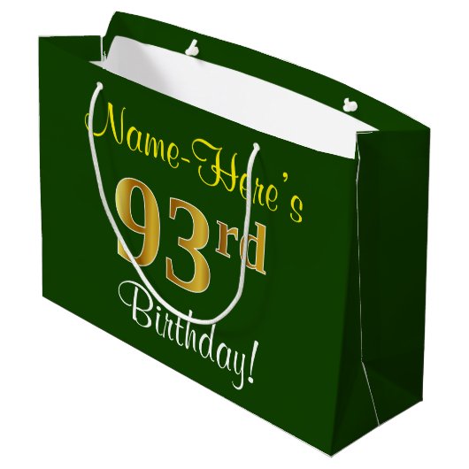 Elegant, groen, Faux Gold 93rd Birthday + naam Groot Cadeauzakje (Achterkant Gekanteld)
