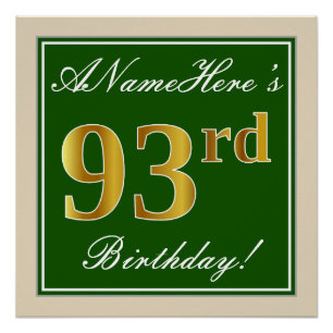 Elegant, groen, Faux Gold 93rd Birthday + naam Perfect Poster