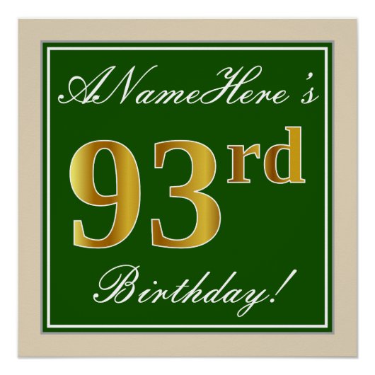 Elegant, groen, Faux Gold 93rd Birthday + naam Perfect Poster (Voorkant)