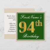 Elegant, groen, Faux Gold 94th Birthday + naam Kaart (Voorkant / Achterkant)