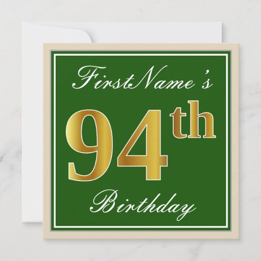Elegant, groen, Faux Gold 94th Birthday + naam Kaart (Voorkant)
