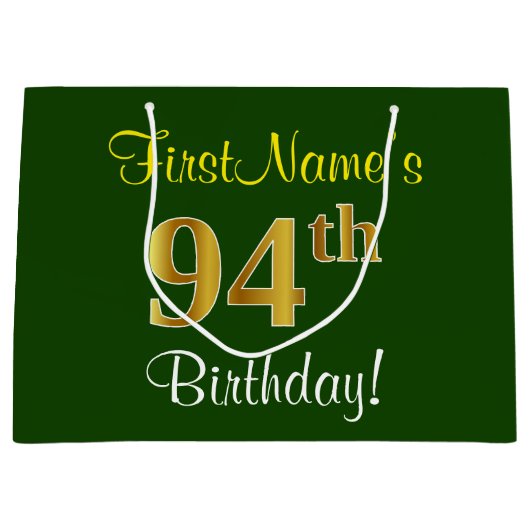 Elegant, groen, Faux Gold 94th Birthday + naam Large Cadeautasje (Voorkant)