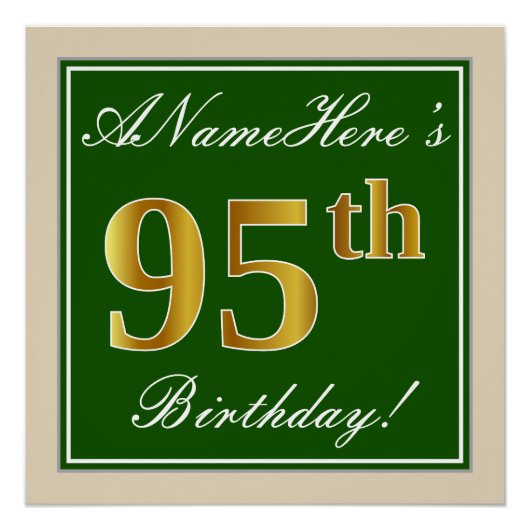 Elegant, groen, Faux Gold 95th Birthday + naam Poster (Voorkant)
