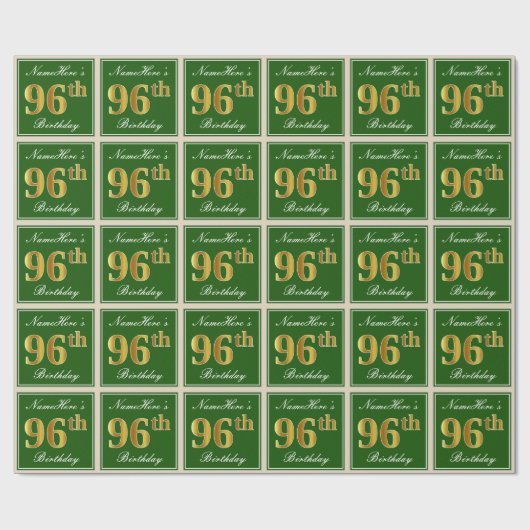 Elegant, groen, Faux Gold 96th Birthday + naam Cadeaupapier (Vlak)