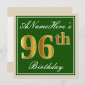 Elegant, groen, Faux Gold 96th Birthday + naam Kaart (Voorkant / Achterkant)