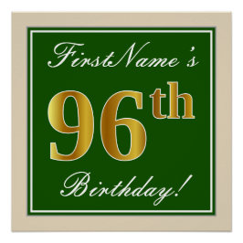 Elegant, groen, Faux Gold 96th Birthday + naam Perfect Poster